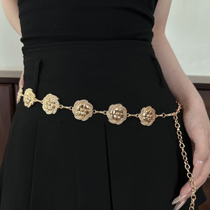 Cadena de cintura retro para mujer, de metal, ajustable, con diseño de círculo hueco, para decoración de vestidos, con hebilla metálica de moneda, cinturón accesorio - Product Image 1