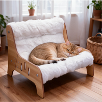 Canapé en bois pour chaton d'intérieur, cadre incurvé en bois courbé, coussin en peluche pour chats et petits chiens, salon