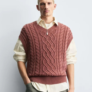 Pull-over à col <span class=keywords><strong>en</strong></span> V <span class=keywords><strong>en</strong></span> coton épais pour hommes, pull-over rose poussiéreux - Product Image 1