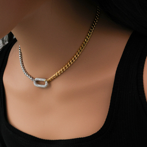 Vòng cổ nhiều lớp mạ vàng 18k hai màu, charm hình oval zircon, thép không gỉ chống nước, dành cho nhà thiết kế thời trang YF3751 - Product Image 3