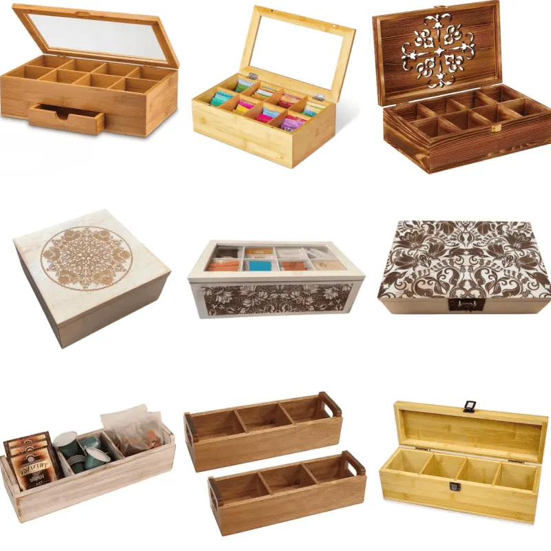 Venta al por mayor de fábrica, caja organizadora de almacenamiento de té de madera de bambú con 8 compartimentos personalizados con ventana de acrílico transparente