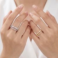 Bague double en argent sterling 925 avec zirconiums cubiques taille baguette, plaquée or bicolore, empilable pour femme, vente en gros