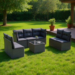 8-Piece Adjustable <b>Feet</b> Dark Grey Pe Rattan Garden <b>Sofa</b> Set Outdoor Furniture Contemporary Design Style - Product Image 2