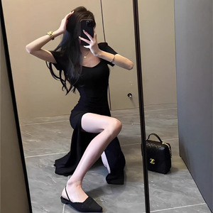 Elegant French Style Short Sleeve Dress Black Sweetheart Neckline Sheath Slit Long Evening Dress 2025 Summer New Fashion - Product Image 5
