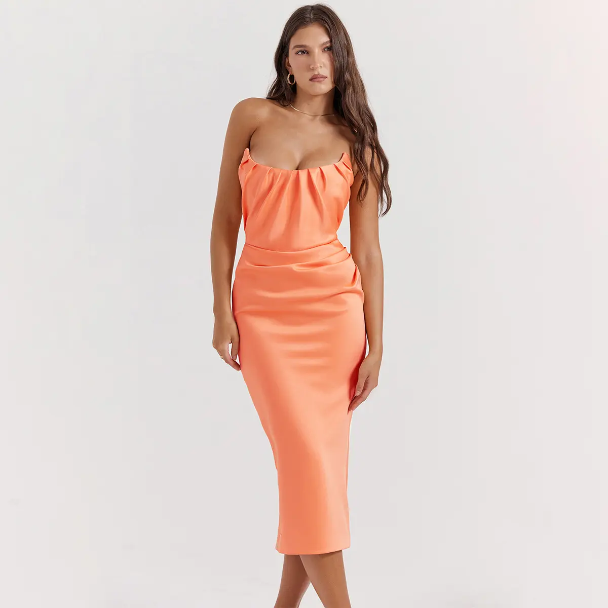 Nieuwe Stijl Mode Oranje Satijnen Damesjurk Strapless Damesavondjurken Voor Groothandel