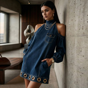 Mini Abiti Vintage in <span class=keywords><strong>Denim</strong></span> Naturale a Maniche Lunghe, Vestibilità Ampia, con Tasche Scavate, Tinta Unita, Eco-Friendly, con Spalle Scoperte e Dettagli a Giunzione - Product Image 4