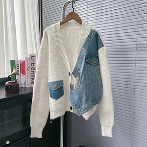 Grosir Butik 2026 Musim Gugur dan Dingin Desain Fashion Terbaru <span class=keywords><strong>Sweater</strong></span> Wanita Rajut Model Dua Lapis Denim Sambung - Product Image 2