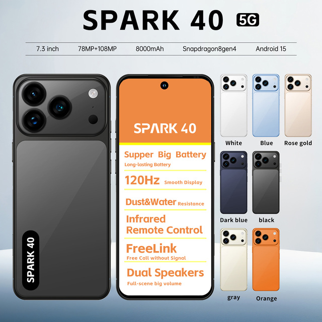 SPARK 40 5G Smartphone 7.3 Inch Large Screen 8000mAh Battery Unlocked Mobile Phone