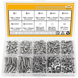 304 Stainless Steel M4 Button Head Socket Cap Screws Nuts Washers Kit 385 Pieces Metric Standard Thread Class 8.8 - Product Image 1