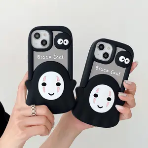 3D卡通黑色煤硅橡胶手机外壳适用于iPhone 14 13 12 11专业最大撕裂男孩设计可爱娃娃手机后盖