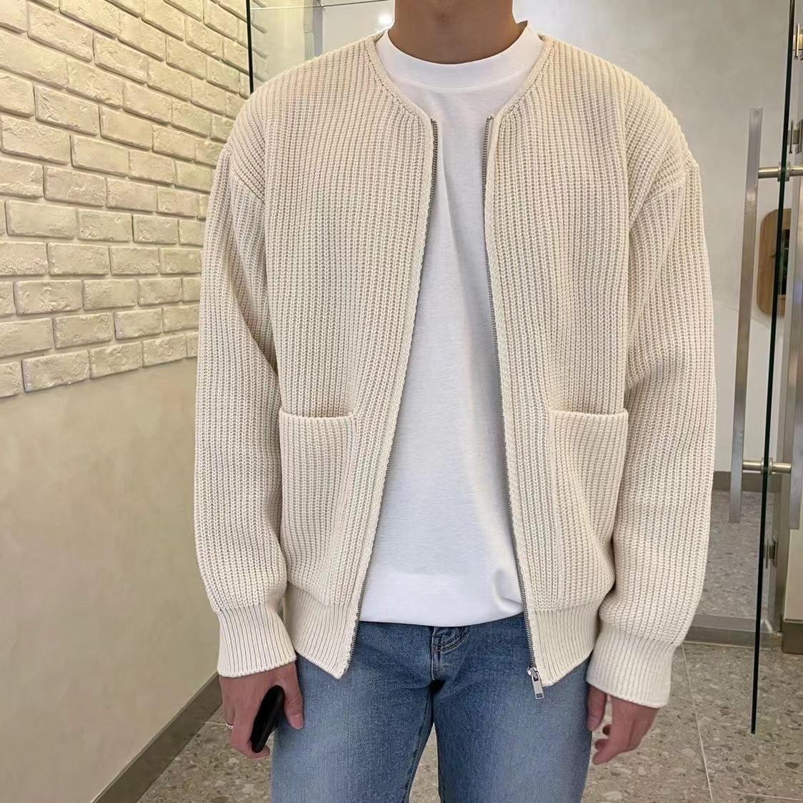 Custom logo Knitted Zip up Cardigan for Men Stretch Fabric Sweater Coats Zipper Solid Color Loose Sweater for Men