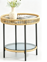 Table d'appoint ronde en rotin PE résistant aux intempéries, table à thé de loisirs à 2 niveaux avec rangement et plateau en verre, pour intérieur et extérieur