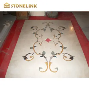 中国豪华酒店地板设计石材黑白圆形大理石花章水刀瓷砖地板镶嵌水刀