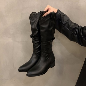 Chaussures pour femme en cuir véritable de haute qualité, bout rond, plateforme épaisse, talons épais, bottes mi-mollet - Product Image 2