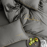 Parure de lit 4 pièces 100 % coton, gris gentleman, luxe discret, uni, 200 fils/cm², toutes saisons, housse de couette, drap et taies d'oreiller