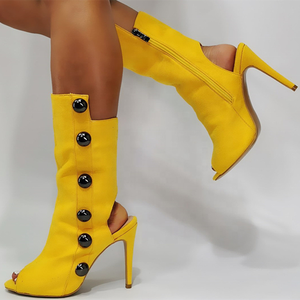 Fresh Yellow Breathable Open Toe Boots 2022 Spring High Heel Peep Toe <b>Shoes</b> Ankle Boots Studs Irregular Cut Side Zip Size 47 - Product Image 5