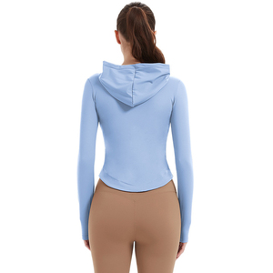 Women's Hooded Full Zip Crop High Elastic Hooded Crop <b>Jacket</b> Slim Fit Thumb Holes Breathable Yoga <b>Workout</b> Top With Pockets - Product Image 3