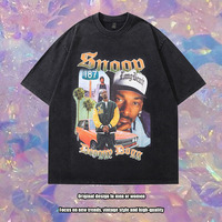 Kaos Vintage Retro Hip Hop Gaya Amerika Berkualitas Tinggi dengan Cetakan Kapur, Efek Dicuci dan Usang, Lengan Pendek