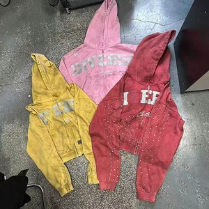 定制徽标法式毛圈布超大印花水钻拉链连帽衫，宽松休闲 Y2K 风格，男式宽松版型连帽衫 - Product Image 1