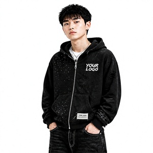 Sudadera con capucha y cremallera para hombre, personalizada, vintage, lavada, desgastada, oversize, con lavado ácido, estilo streetwear, con etiqueta tejida 2026 - Product Image 1