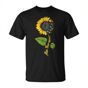 T-shirt ABA Therapist avec motif tournesol, cadeau pour la thérapie de l'autisme, col rond noir - Product Image 2