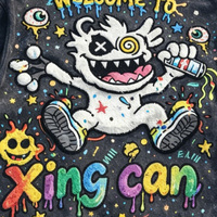 Sweat à capuche oversize délavé à l'acide, broderie chenille multicolore, appliqué graphique de dessin animé, patch œil au poignet