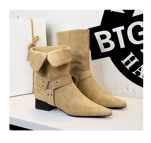 Bottines mi-mollet à talon carré pour femme, style western rétro, bout pointu, boucle de ceinture, en faux daim, coupe ajustée - Product Image 5