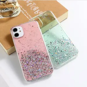 Starry Bling époxy souple TPU silicone clair antichoc couverture arrière pour téléphone 13 paillettes coque de téléphone