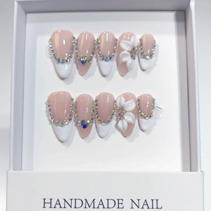 Faux ongles à presser <span class=keywords><strong>avec</strong></span> <span class=keywords><strong>strass</strong></span>, faits à la main, fleurs 3D blanches, ongles de luxe en cristal, couverture complète, capsules à presser - Product Image 3