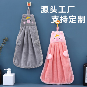 Cute Cartoon Pig Hand <b>Towel</b> Coral Fleece Thickened Absorbent Kitchen <b>Hanging</b> <b>Towel</b> Quick Dry Rectangle Gray Pink - Product Image 1