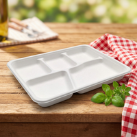 Bandeja Rectangular Desechable Ecológica de 5 Compartimentos, Platos de Bagazo Compostables para Comida, Vajilla para Camping