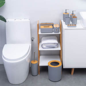 Ensemble de rideau de douche en fibre de bambou <span class=keywords><strong>pour</strong></span> salle de bain, 6 pièces, porte-savon en plastique, poubelle, shampoing, bouteille, accessoires de salle de bain - Product Image 3