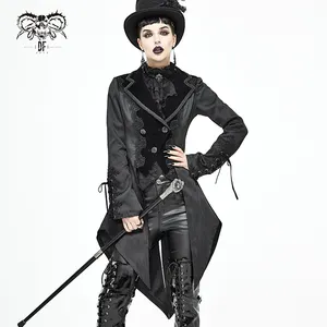 CT17101悪魔のファッションパフォーマンスウェア縦縞の波のパターン黒ゴシックジャカード女性ダブテールロングコート