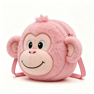 Linda bolsa cruzada de peluche con forma de cara de mono rosa y correa rosa, suave bolsa cruzada de peluche con forma de mono rosa y correa de piel sintética. - Product Image 4