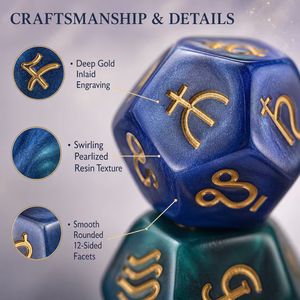 Set di 3 Dadi Astrologici D12 da 20mm, 12g/pz, con Incastonature Dorate di Pianeti e Segni Zodiacali, per Negozi di Articoli Astrologici e Venditori Online, Fornitore all'Ingrosso - Product Image 3