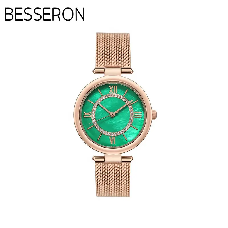 Mode coquille petite montre verte bracelet ceinture en acier montre à quartz ronde pour femme