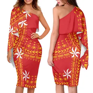 Gaun Bahu Terbuka Model Baru Gaun Panjang Wanita Pakaian Pulau Vintage Rok Panjang Ketat Tanpa Lengan Desain Fijian Kustom