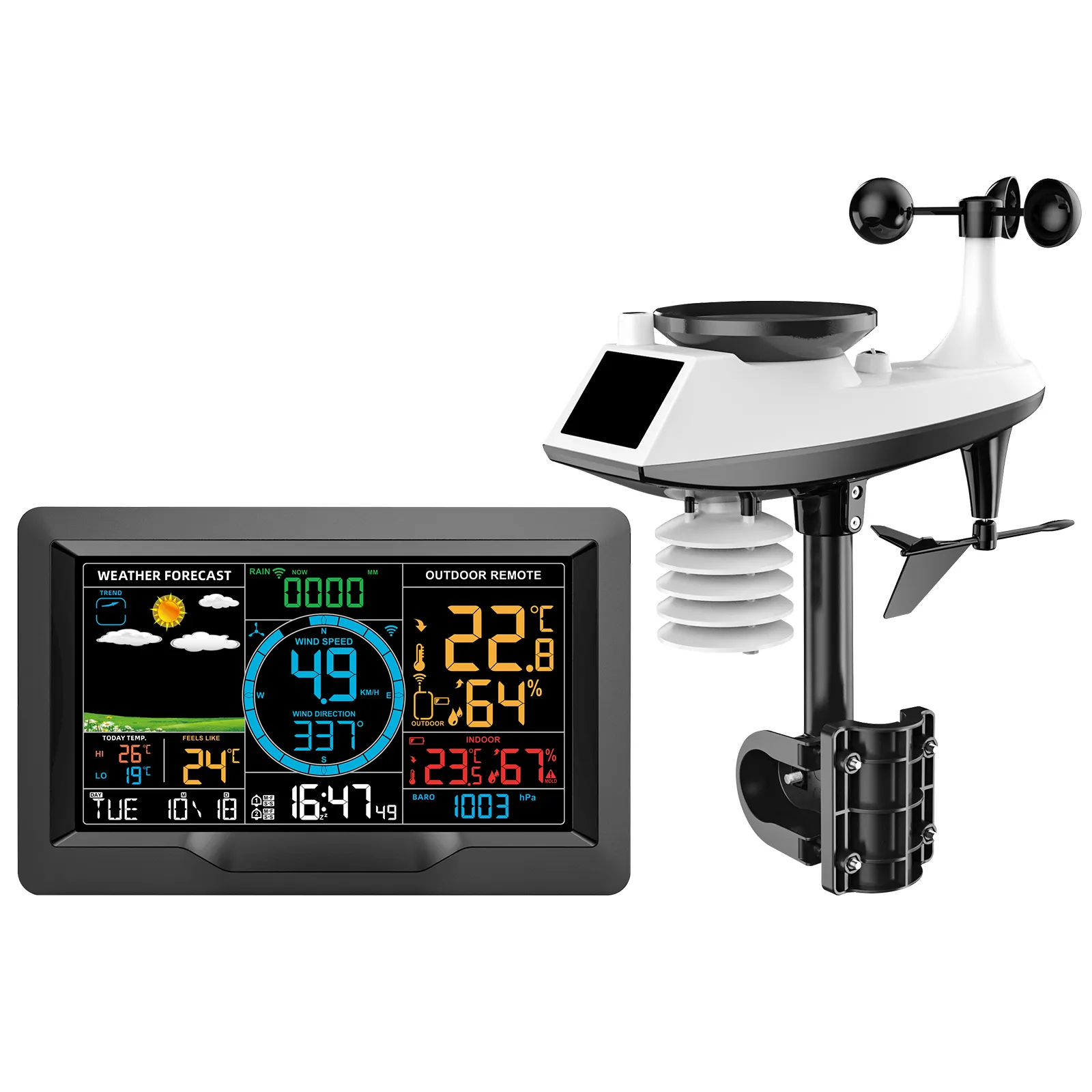 Stazione meteorologica professionale colorata con previsioni della direzione della velocità del vento e barometro per la stazione meteorologica Wireless domestica