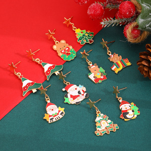 Pendientes colgantes de estrella de cinco puntas asimétricos de moda de aleación de Reno de árbol de Navidad de Papá Noel de goteo de aceite de dibujos animados transfronterizos - Product Image 2
