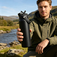 Envío Rápido, Botella de Agua Deportiva de 32 oz, Libre de BPA, 100% a Prueba de Fugas, con Tapa de Pajita 4 en 1, Termo de Viaje para Deportes al Aire Libre