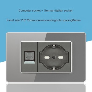 Prise murale double USB type C en verre trempé, norme allemande, avec interrupteur et trois prises de courant - Product Image 4