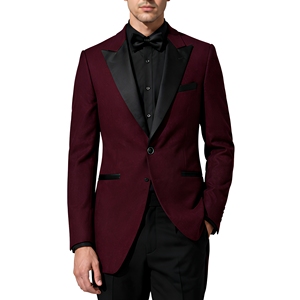 Blazer de smoking en satin bordeaux pour homme avec revers noir, coupe ajustée, un bouton, style queue-de-pie, dernière conception, veste à revers pointus - Product Image 1