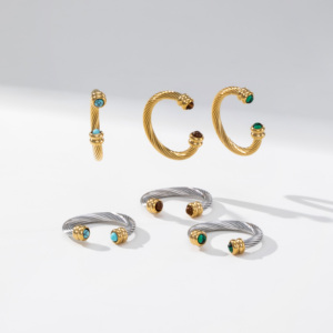 YF8501 Vintage Waterproof Non Tranish 18K PVD Gold Plated Stainless Steel Twist Natural Stone <strong>Tiger</strong> <strong>Eye</strong> Turquoise Open <strong>Rings</strong> - Product Image 1