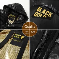 Veste décontractée tendance pour homme, col montant, noir brillant, logo doré, fermeture éclair avant, design transfrontalier, coupe longue et ample, épaisse