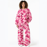 Ensemble décontracté deux pièces pour femme : sweat-shirt rose imprimé camouflage et pantalon large à col rond et manches longues
