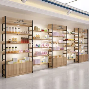 Présentoirs de magasin de détail de beauté en bois de Style de mode étagères de soins de la peau étagère murale d'affichage cosmétique en métal pour les magasins de cosmétiques