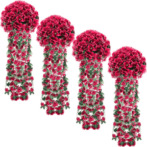 Ensemble de 4 fleurs artificielles violettes suspendues, décorations <span class=keywords><strong>pour</strong></span> mariages, décoration intérieure et extérieure (rose rouge) - Product Image 1