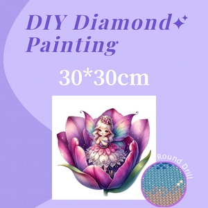 Peinture diamant ronde complète 30x30cm, motif Fée Fleur Mignonne en Tulipe, Décoration Murale Fantaisie pour Filles, Cadeau d'Anniversaire - Product Image 1