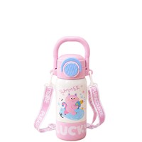 500Ml Cangkir Termos Anak Kartun Lucu Botol Terisolasi 3 Arah dari Baja Tahan Karat dengan Pegangan Tali Selempang untuk Anak-anak