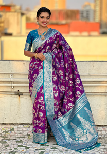<b>Purple</b> Banarasi Soft Silk <b>Saree</b> with Contrast Jaal Design and Rich Zari Weaving Traditional Winter Party Wear Women's - Product Image 4